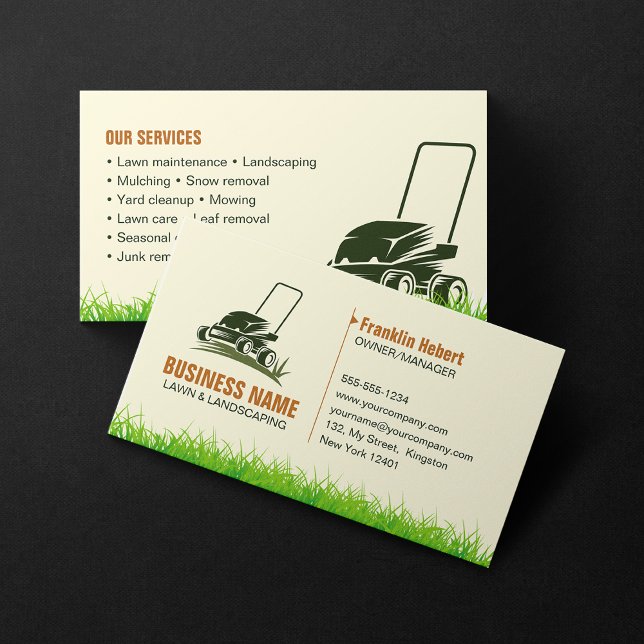 Professionell Grönt Biege Lawncare Landscaping Mow Visitkort (Skapare uppladdad)