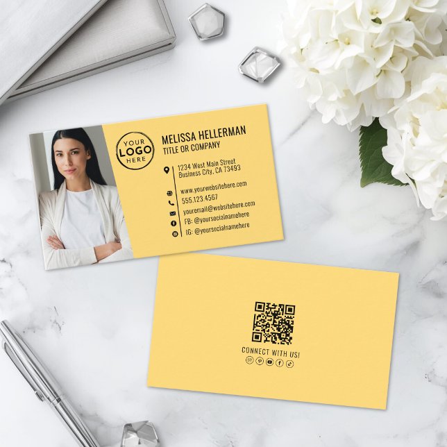 Professionell Gul QR-kod Foto Logotyp Visitkort (Professional Yellow QR Code Photo Logo Business Card )