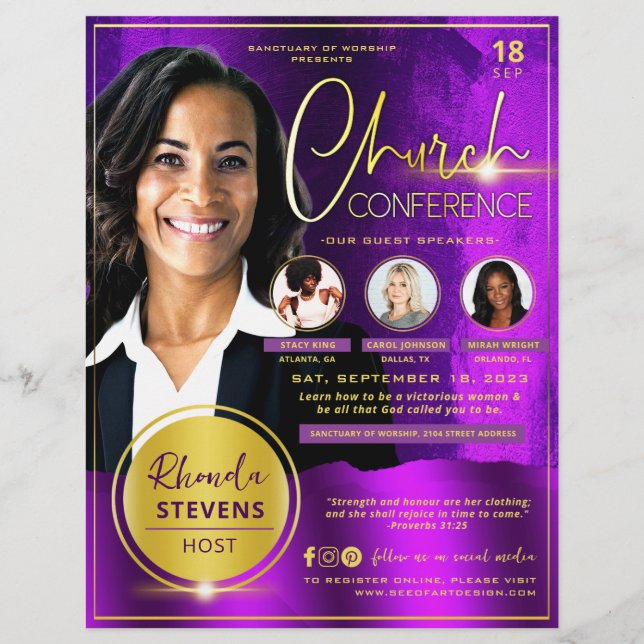 Professionell Guld & Lila Church Conference Reklamblad (Framsidan)