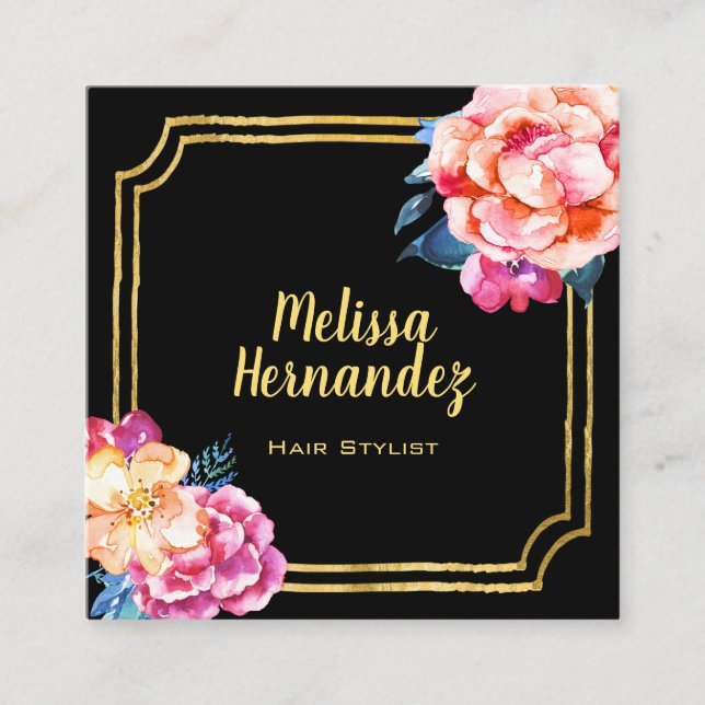 Professionell Hairstylist Blommigt Rosa Black Guld Fyrkantigt Visitkort (Framsida)