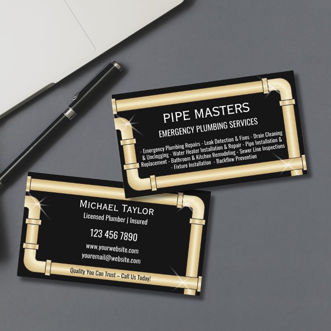 Professionell Handyman Plumer Rör VS Verktyg Visitkort (plumbing pipes in gold color on the black background business cards)