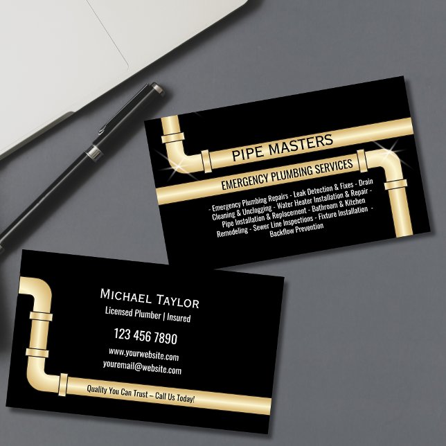 Professionell Handyman Plumer Rör VS Verktyg Visitkort (plumbing pipes in gold color on the black background business cards)