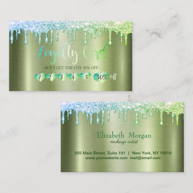 Professionell Heards,Glitter Drips Grönt Metallic Lojalitetskort (Fram/baksida)
