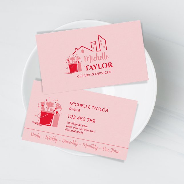 Professionell House och Office Städning Services Visitkort (pink and red cleaning tools)