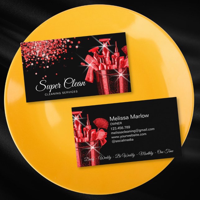 Professionell House Städning Hushållning Visitkort (red glitter and shiny cleaning tools in a bucket)