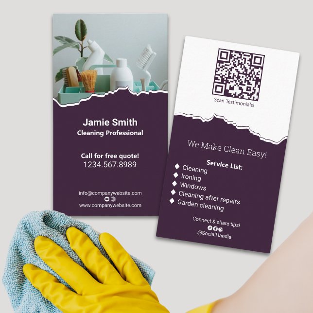 Professionell House Städning Lila White Visitkort (Professional House Cleaning Purple White Business Card - Portrait - Image - QR code - List)