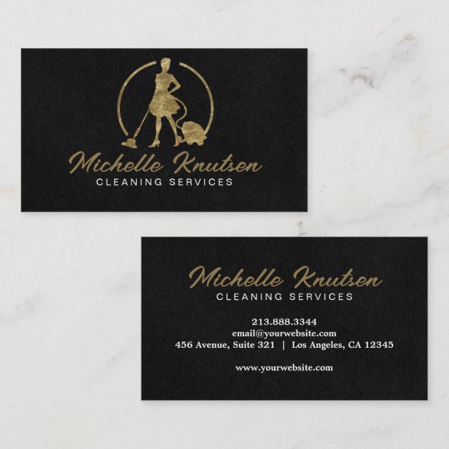 Professionell House Städning Service Black Guld Visitkort (Fram/baksida)