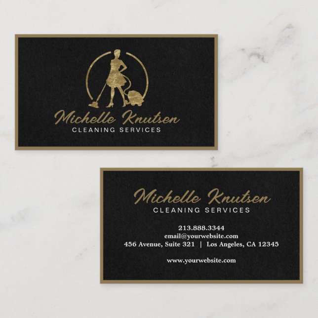 Professionell House Städning Service Black Guld Visitkort (Fram/baksida)