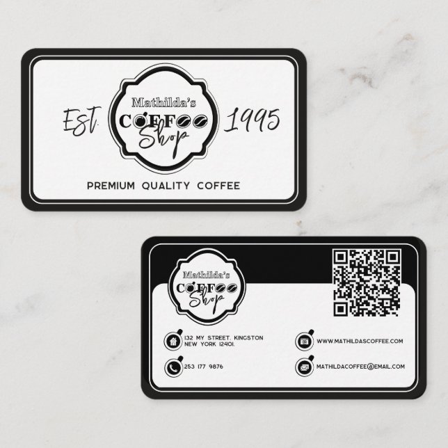 Professionell kafépersonaliserad logotyp vit visitkort (Fram/baksida)