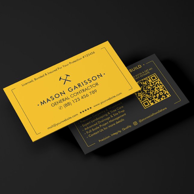 Professionell konstruktion gul svart entreprenör visitkort (Professional Construction Yellow Black Contractor)
