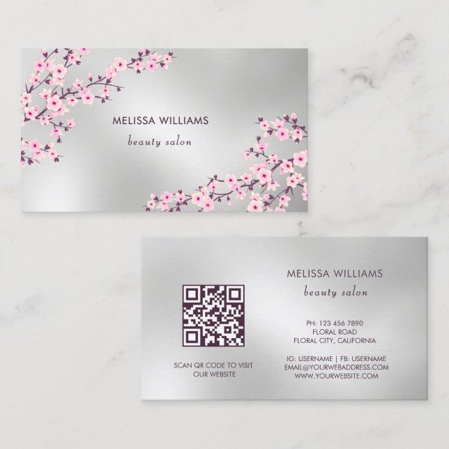 Professionell Körsbärsblom Rosa Silver Visitkort (Fram/baksida)