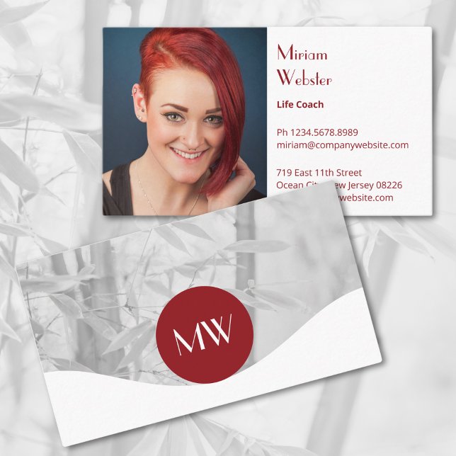 Professionell Life Coach Personal Affärskort Lojalitetskort (Professional Life Coach Personal Business Card, Profile Photo, Initials, Red & White)