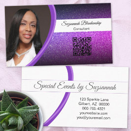 Professionell Lila Glitter Anpassningsbar Photo QR Visitkort