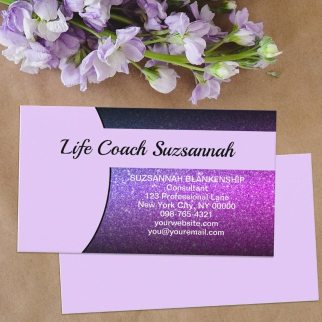 Professionell lila Ombre Glitter Anpassad Visitkort (All information on one side leaves room for handwritten notes on the this business card back.)