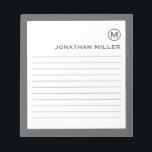 Professionell Lining Grått White Monogram Anteckningsblock<br><div class="desc">Ett professionell invändigt anteckningsblock med minimalistisk utformning i en grått- och vit färg palett. Anpassningsbar monogram initial och namn på en vit bakgrund,  framtagen av grått gräns. Anpassa med hjälp av fält eller använda meddelandeknappen för att kontakta designern för hjälp.</div>