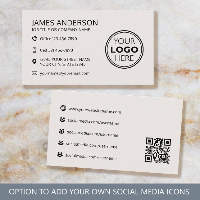 Professionell Logo Sociala Media QR-kod Off-White Visitkort (Skapare uppladdad)