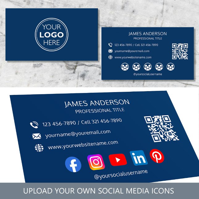 Professionell Logo Sociala Medier QR-kod Marinblå Visitkort (Skapare uppladdad)