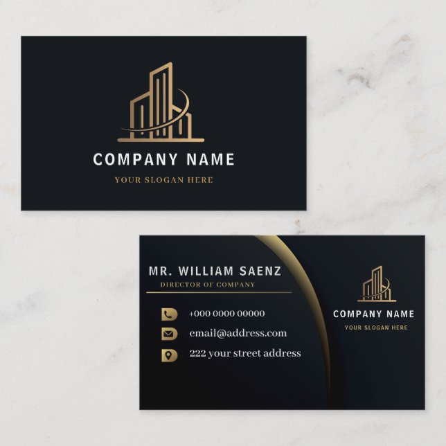 Professionell logotyp för fastighetsmäklare i guld visitkort (Fram/baksida)