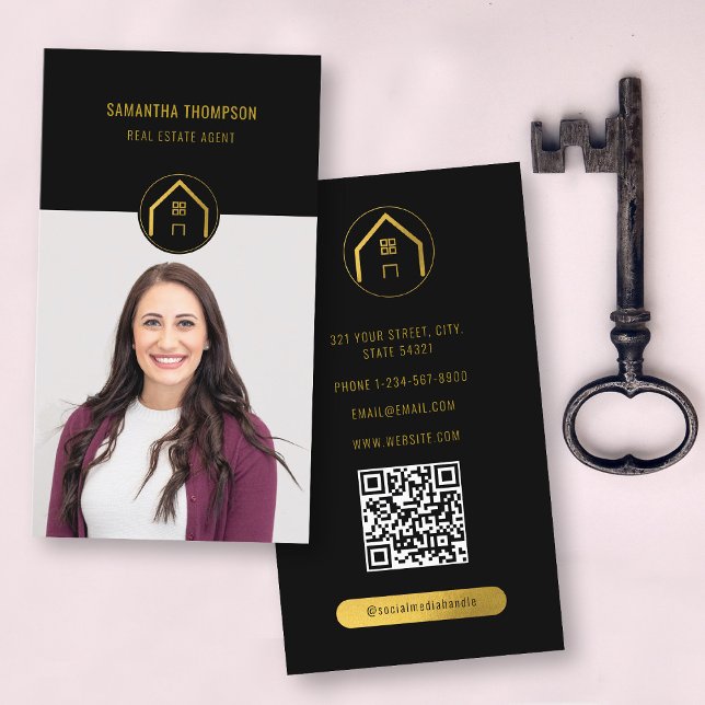 Professionell Luxury Black Guld Real Gods Photo Visitkort (Professional Luxury Black Gold Real Estate Photo Business Card)