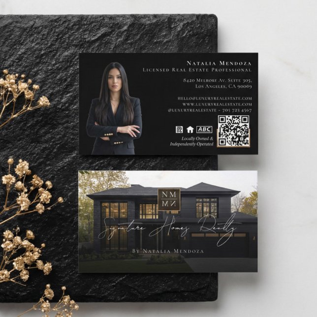 Professionell Lyxig Svart Fastighetsmäklare Foto Visitkort (Professional Luxury Black Real Estate Agent Photo Business Card)