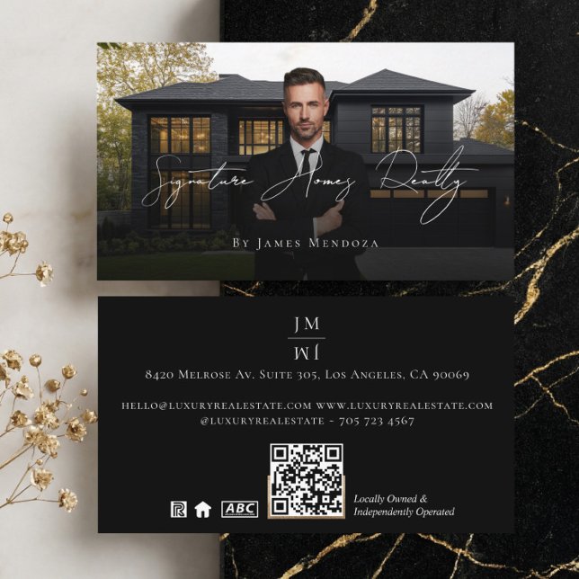 Professionell Lyxig Svart Fastighetsmäklare Foto Visitkort (Professional Luxury Black Real Estate Agent Photo Business Card)