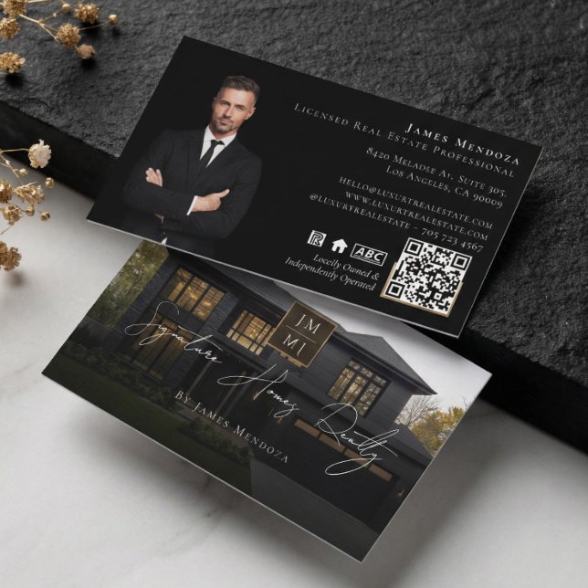 Professionell Lyxig Svart Fastighetsmäklare Foto Visitkort (Professional Luxury Black Real Estate Broker Photo Business Card)