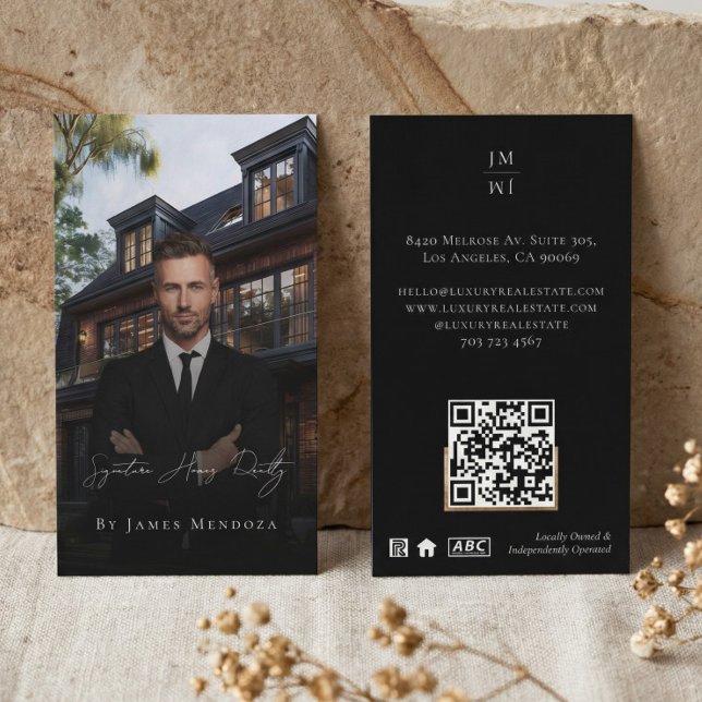 Professionell Lyxig Svart Fastighetsmäklare Foto Visitkort (Professional Luxury Black Real Estate Agent Photo Business Card)