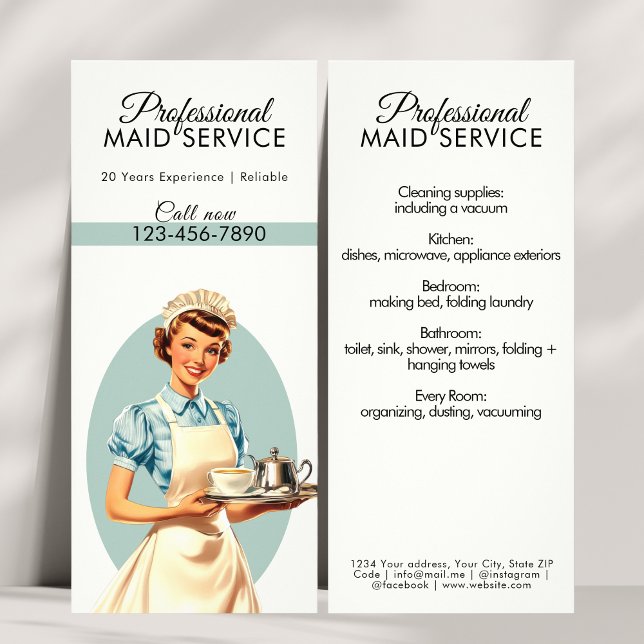 Professionell Maid Houseservation Service Retro Reklamkort (Professional Maid Housekeeping Service Retro Rack Card)