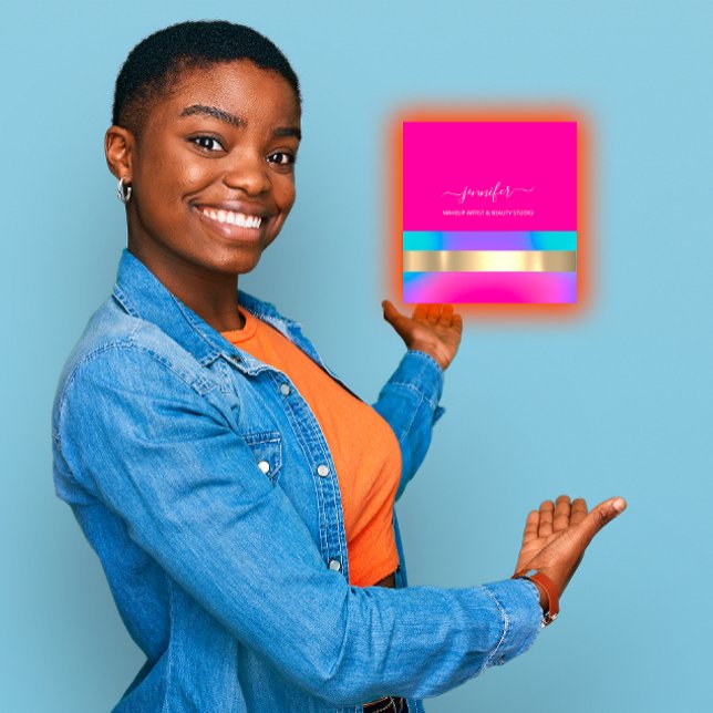 Professionell Makeup Artist HoloGraph Blue Rosa Fyrkantigt Visitkort (Professional Makeup Artist Holographic Blue Pink Square Business Card)