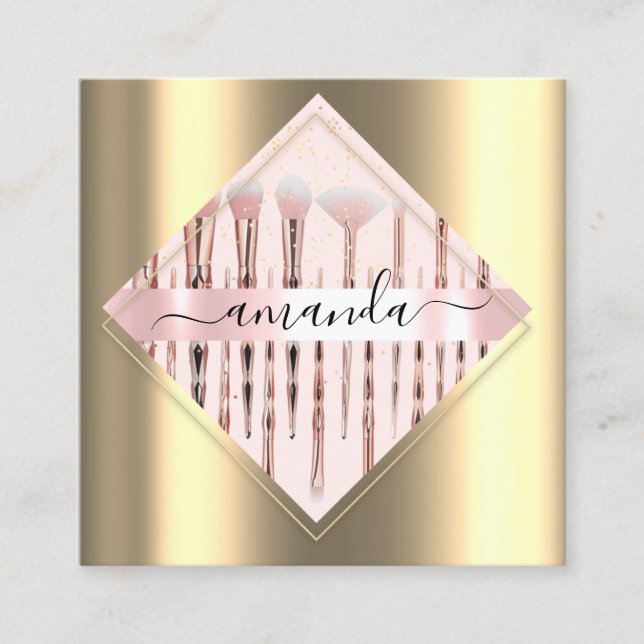 Professionell Makeup Artist Logotyp Penslar Ro Gul Fyrkantigt Visitkort (Framsida)