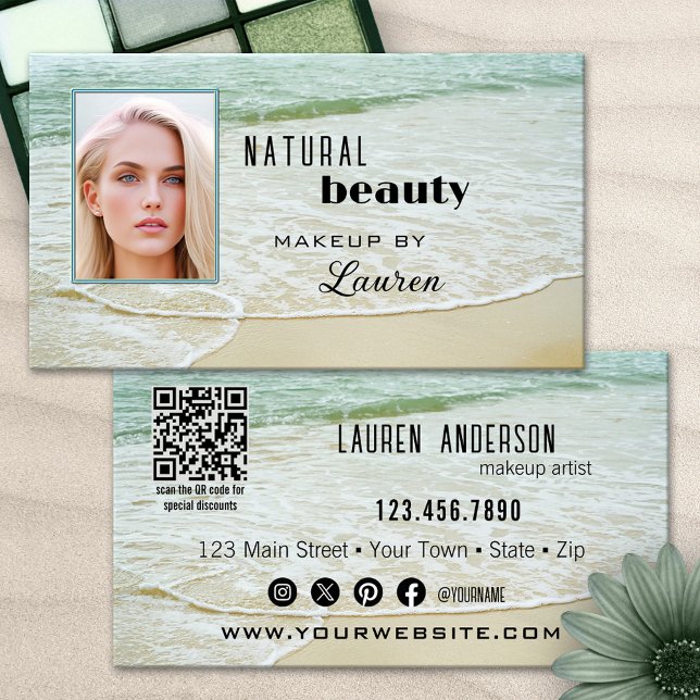 Professionell Makeup Beach Beauty QR-kod Visitkort (Business card featuring an image of a beach with your custom photo, QR code and social media)