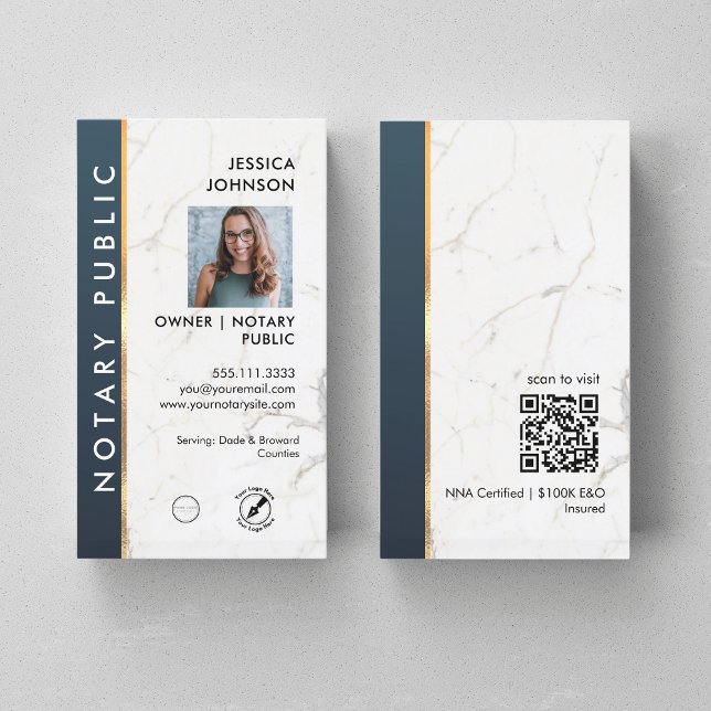 Professionell Marble Blue & Guld Notary Photo QR Visitkort (Skapare uppladdad)
