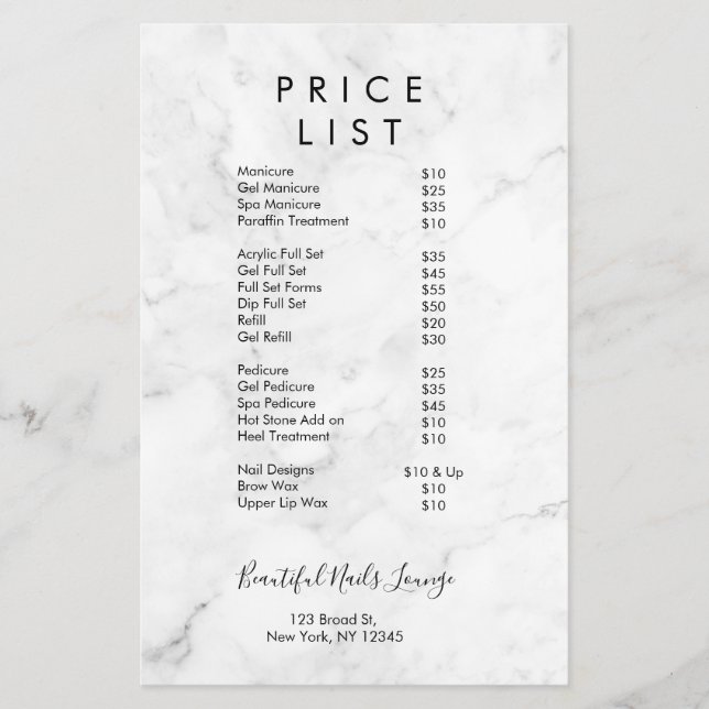 Professionell Marble Nail Salon Pris List-meny Flygblad (Framsidan)