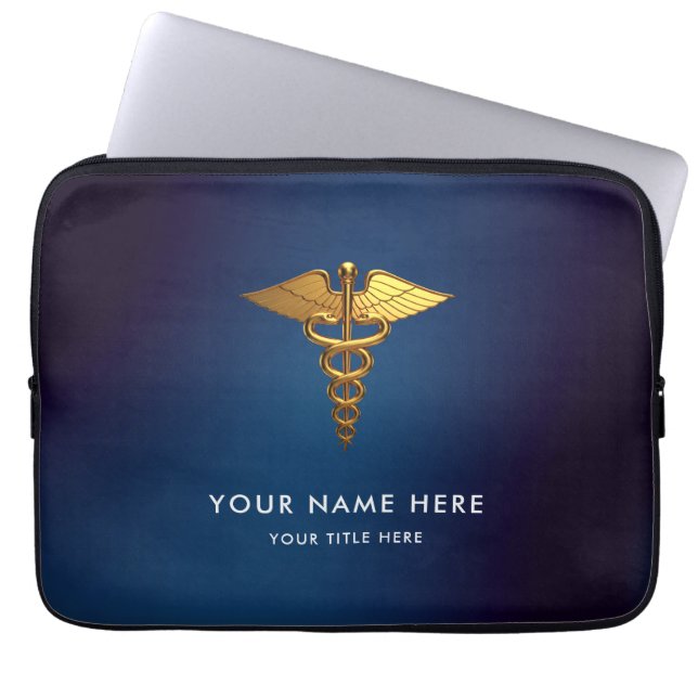 Professionell Marinblå Guld Caduceus Medicinsk Laptop Fodral (Framsidan)