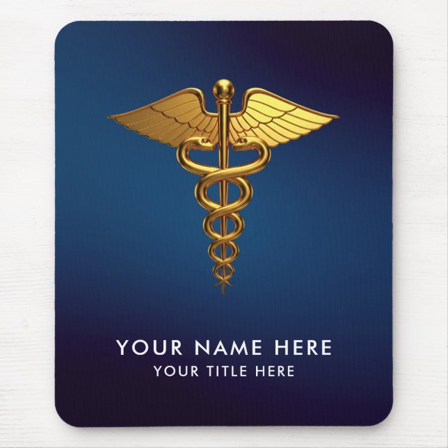 Professionell Marinblå Guld Caduceus Medicinsk Musmatta (Framsidan)