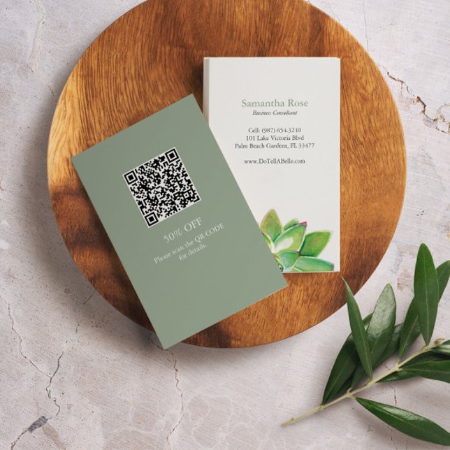 Professionell Marknadsföring Grönt Vattenfärgssucc Visitkort (business card with QR code features watercolor succulent art by Victoria Grigaliunas Do Tell A Belle)