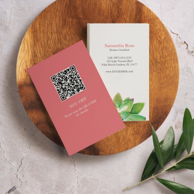 Professionell Marknadsföring Rosa Succulent Waterc Visitkort (Gardening business cards with QR-code feature watercolor succulent art by Victoria Grigaliunas )