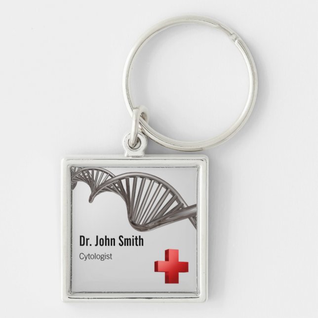 Professionell Medicinsk 3D- symbol Kor DNA Fyrkantig Silverfärgad Nyckelring (Framsidan)