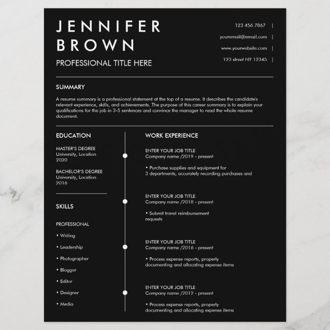 Professionell - meritlista, modern cv-svart (Framsida)