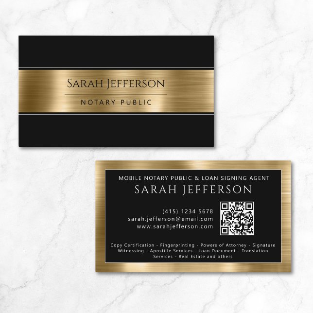 Professionell Metallic Guld Black QR Notary Public Visitkort (Professional Metallic Gold Black QR Notary Public Business Card)