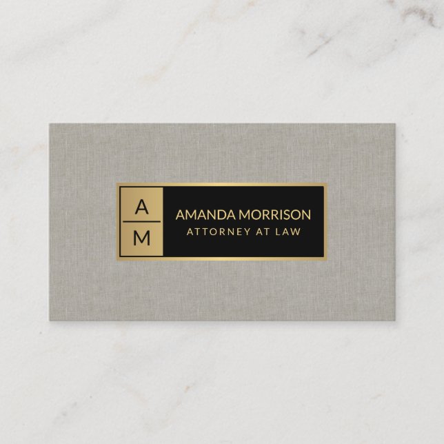 Professionell Minimal monogram Guld/Tan Linen Visitkort (Framsida)