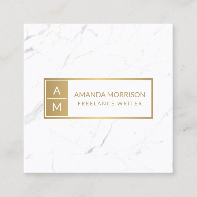 Professionell Minimal Monogram Guld/Vit Marmor Fyrkantigt Visitkort (Framsida)