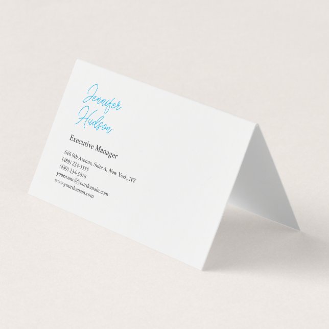 Professionell minimalistisk azure blue calligraphy visitkort (Framsida)
