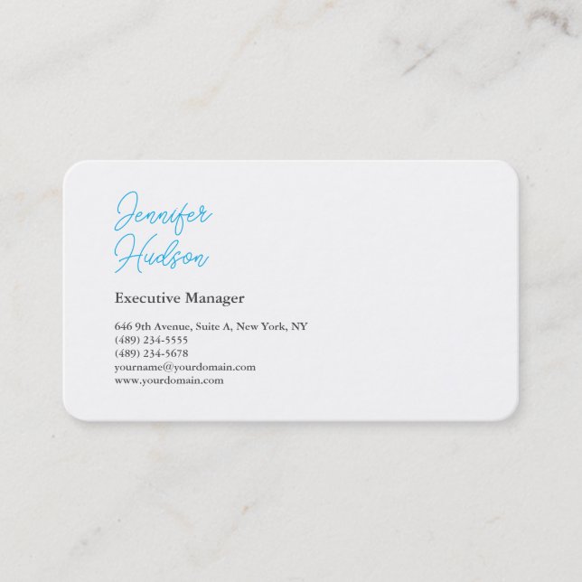 Professionell minimalistisk azure blue calligraphy visitkort (Framsida)