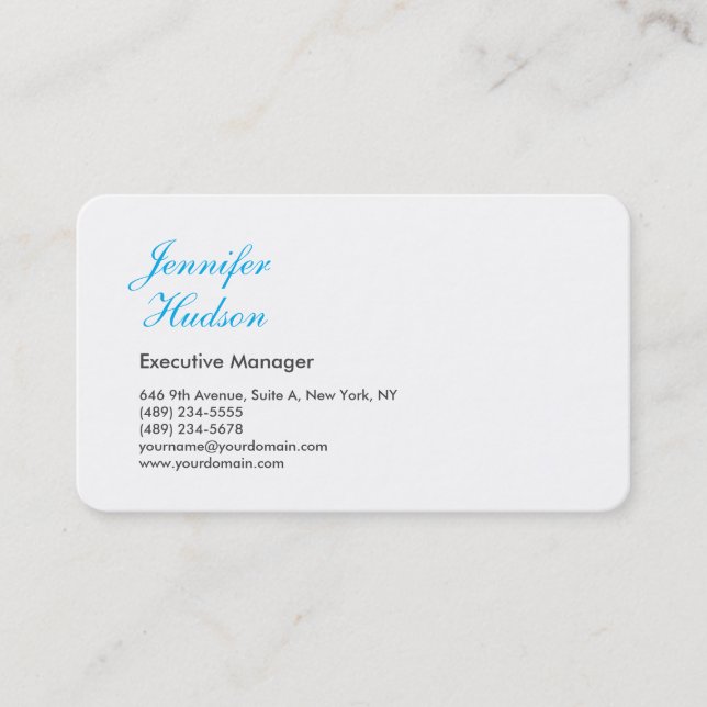 Professionell minimalistisk azure blue calligraphy visitkort (Framsida)
