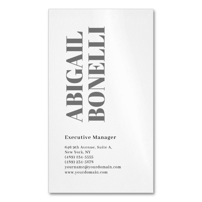 Professionell minimalistisk fet modern grått vit magnetiska visitkort (Framsida vertikal)