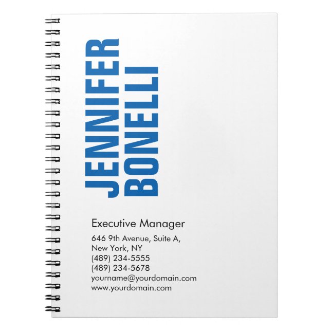Professionell minimalistisk modern djärv blå vit anteckningsbok (Framsidan)