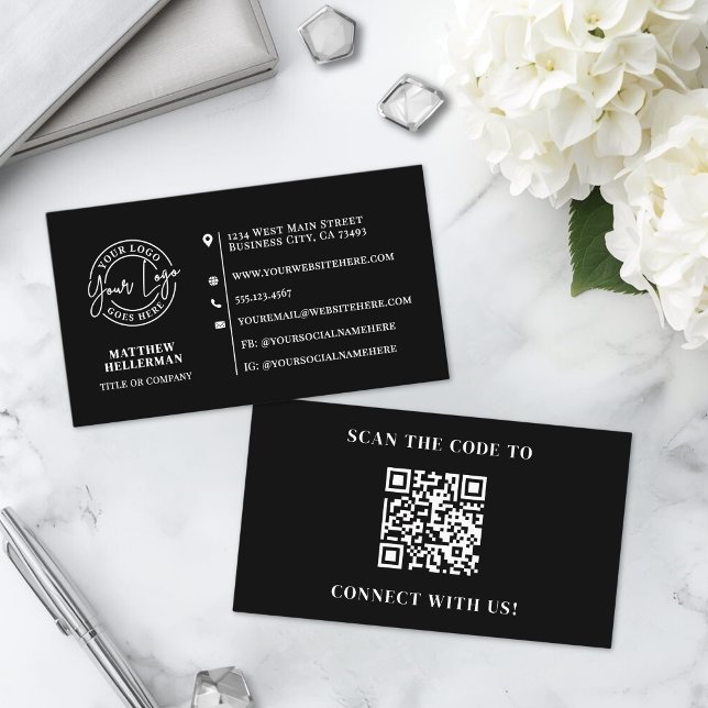Professionell minimalistisk QR-kod logotyp svart Visitkort (Professional Minimalist QR Code Logo Black Business Card )