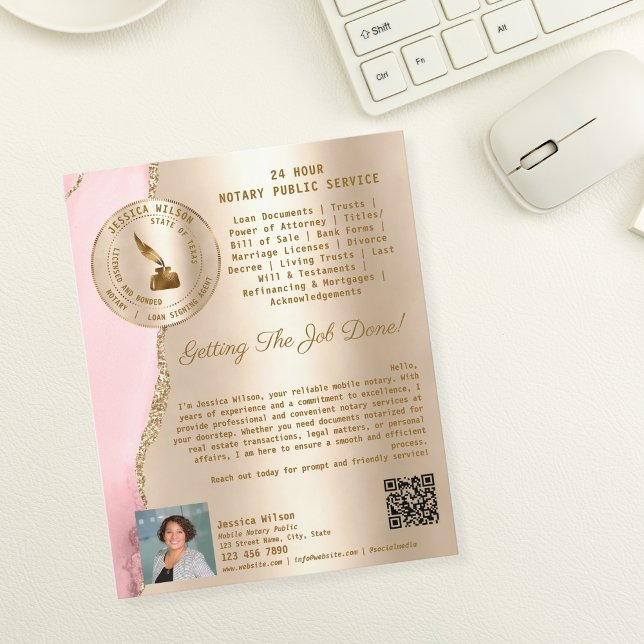Professionell Mobile Notary & Loan Signing Agent Flygblad (mobile notary flyer, gold and blush pink)