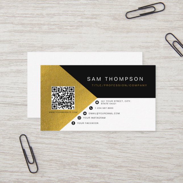 Professionell Modern Black Gold Foil QR-kod Visitkort (Fram/Back In Situ)